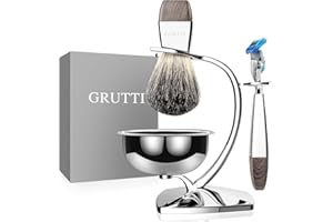Set da barba GRUTTI, rasoio cromato di lusso e portaspazzolino con portasapone e rasoio Pennello da barba in rasoio di sicurezza compatibile con Fusion 5