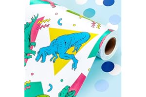 Wikadlik Carta da regalo colorata con dinosauri, reversibile, a pois blu, per bambini, compleanni, baby shower, nascite, 43 cm x 10 m