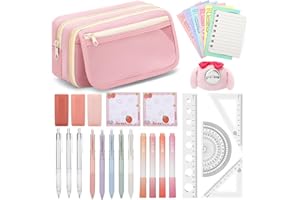 OPPZZIT Estuches Escolares 3 Compartimentos, 30 Piezas Material Escolar Kawaii con 1 Estuche Rosa, 5 Bolígrafos de Gel, 4 Subrayadores, 3 Portaminas, Set de Papelería Bonita para Niñas & Estudiantes