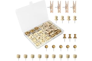 KDIMSU 230 Stück Pinnadeln Holz, Heftzwecken Reißzwecken mit Aufbewahrungsbox Pinnwandnadeln Reißnägel für Korkplatte Landkarte Fotos Handwerk, Dekorative Holz Pinnadeln (5 Stile)