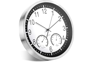 ALEENFOON Orologio da Parete al Quarzo in Metallo, 30 cm, Moderno, Silenzioso, Senza ticchettio, con termometro, Misura Temperatura, umidità, per Soggiorno