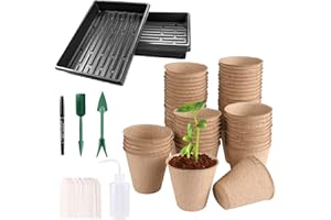 FUCNEN Juego de bandejas de semillas y macetas biodegradables macetas de cartón para plántulas, macetas sin turba, macetas de fibra de 8cm, 60 unidades, 4 bandejas de plántulas sin agujeros de drenaje