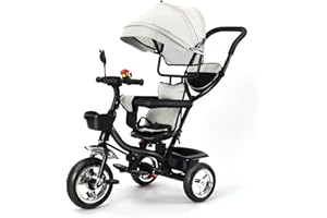 meihe Tricycle de Bébé,Tricycle Enfants évolutif avec Pare-Soleil Pliable et Canne Parentale Ajustable-Roues Silencieuses- Jeux au Volant(75 * 46 * 106) (C)