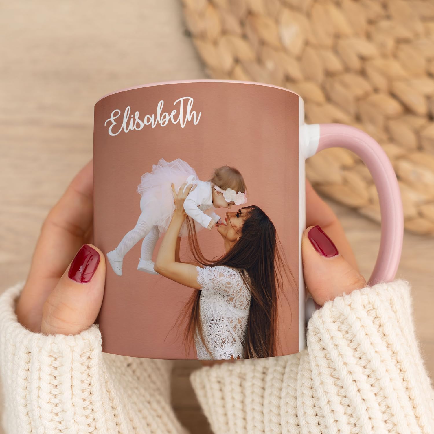 Wanapix | Taza Personalizada con Foto y Texto | Capacidad de 325ml | Taza de Cerámica con Diseño Único | Regalo para Amigos y Familiares | Apta para Microondas | Interior y Asa Color Rosa