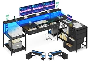 Coleshome Biurko Gamingowe ze Światłem RGB, 199.5×145.5cm Biurko Narożne z 7 Szufladami & Dużą Przestrzenią Magazynową, Reversyjne Biurko w Kształcie L z 2 Gniazdami, Idealne do Biura & Gier, Czarny