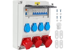 ISOISL Distribuidor para obras, distribuidor de pared, 1 x 32 A, 2 x 16 A, 4 x 230 V con LS+FI con interruptor de protección, distribuidor de pared con RCCB, enchufe CEE 16/32 A para obras