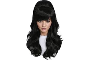 Linfairy Peluca larga ondulada negra con diseño de colmena grande para mujer se adapta a disfraz de los años 50 y 80