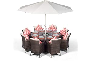 GIARDINO Savannah 8 Seater Brown Rattan Dining Table & Chairs with Ice Bucket Drinks Cooler | Outdoor Poly Rattan Garden Dining Furniture Set with Parasol & Cover