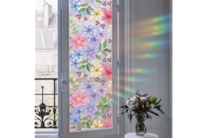 Runtoo Película de privacidad para ventana, diseño de flores y arcoíris, vinilo decorativo 3D, vidrieras de jardín, hojas florales, calcomanías estáticas, no adhesivas, 17 x 40 pulgadas