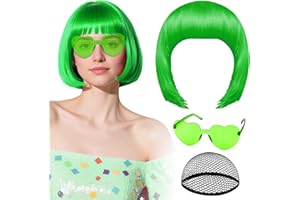 ‎PLULON Grüne Perücke mit Herz-Sonnenbrille und Haarkappe für Frauen, PLULON Kurze Bob-Perücken, synthetisch, farbig, lustige Cosplay-Haarteile für Frauen und Männer, Alltag, Bachelorette, Halloween