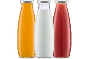 Danmu Art - 500ml Glass Milk Bottles with Lids -Retro Sliver Lids - Juice Milk Jam Airtight Storage Dispenser Bottles Set of 3