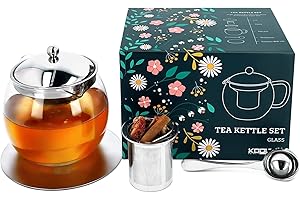 KOOLTHO Teiera in Vetro con Infusore, Set con Teiera Trasparente Vetro Borosilicato Cucchiaio da Tè in Acciaio Inox e Sottobicchiere Metallo in Confezione Regalo, Teiere in Scatola Regalo per Donna o Uomo