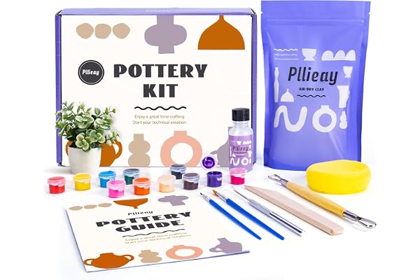 Pllieay Kit Poterie Adulte Argile Autodurcissante avec Outils, Vernis et Instructions - Kit d'Argile Séchant à l'Air pour Débutants à Domicile
