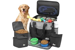 TAIHOYIN Hunde Reisetasche Flugzeug Haustier Reiseset für Hundezubehör mit 2 Futtertasche + 2 Zusammenklappbare Schüsseln + Fütterungsmatte+Hundeleckerli Tasche Hundetragetasche für Unterwegs, Schwarz