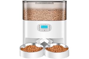 HoneyGuaridan Dispensador Comida Gatos, 6L Comedero Gato Automatico Doble con 2 Tazones, Comedero Automatico Gatos para 2 Gatos/Perros, 1-6 Comidas por día, Grabación de Voz 10s