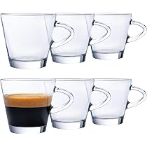 HAADI Set di 6 Tazze in Vetro Trasparente, Capacità 295ml, per Espresso e Tagliato, Lavabili in Lavastoviglie