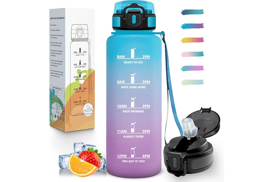 Mulbijeo 1.5 Litre Water Bottle, Reusable Water Bottle with Straw, Water Bottles, Leak Proof & Portable, Motivational Water Bottle for School, Gym, Camping, Cycling, Yoga
