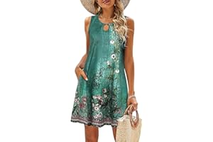 VEUNCOS Sommerkleid Damen Knielang Boho Ärmellose Tunika Kleid Freizeit Swing Strandkleider mit Taschen