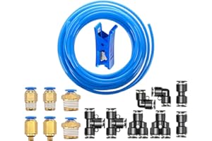 HUAZIZ 8mm OD 5mm ID Aria Pneumatica PU Tubo, 10 Meter Tubo per Aria Poliuretano Blu+ 14 Pcs Nero Pneumatico Connettore Raccordo per Tubo dell'aria Raccordi a Innesto Rapido a Innesto