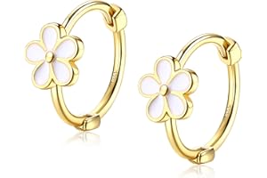 KRFY Pendientes de Aro Plata de ley 925 para Mujeres Niñas Pendientes de Aro Pequeño Flor Blanca Margarita Hipoalergénico Cartílago Huggies Pendientes