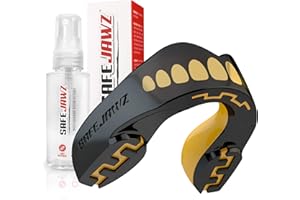 SAFEJAWZ Sports Mouthguard/Gum Shield, Case and Cleaner Spray 50ml Bundle for Rugby, Boxing, Martial Arts, Lacrosse and All Contact Sports - Adults and Junior (Gold/Black, Adult (12+))