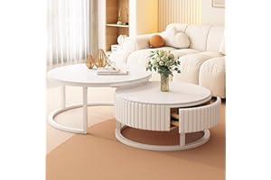 SRKLNVCXEL Zestaw 2 okrągłych stolików kawowych, 50 + 70 cm, biały, okrągły stolik kawowy z miejscem do przechowywania, marmurowy stolik pomocniczy, stabilna metalowa rama, stół do salonu, łatwy montaż, do