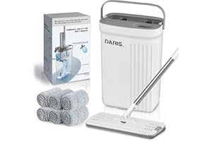 SDARISB Set Mocio e Secchio, scopa in microfibra Con Secchio E Piastra Piatta Mocio Rotante 360° con 6 Panni in Microfibra,Per Tutti I Tipi Di Pavimento Pavimenti In Legno,Laminato,Piastrelle e Marmo