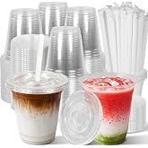 KAHEIGN 50 Pieces Clear Plastic Cups with Lids and Paper Straws, 360 ml Reusable Plastic Cup for Coffee Elegant Cups for Iced