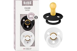 BIBS Colour Paquete de 2 chupetes. Libre de BPA, Tetina redonda. Látex natural, Talla 2 (6-18 meses), Black / White