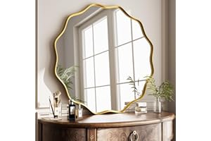 Koonmi Wavy Edge Large Round Mirror, 60cm Wall Mirror with Textured Round Metal Frame, be Hung or Placed against the Wall, suitable for Bathroom, Corridor, Entrance, Living Room, Gold