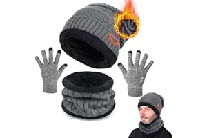 CheChury Homme Bonnet Tricoté Écharpe Gants d'hiver Tour De Cou avec Double Polaire Chaud Écharpe et Chapeau pour Homme et Femme, 3 Pièces
