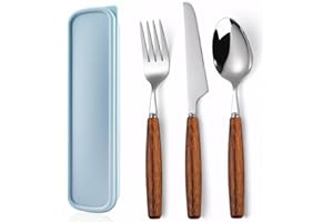RUIXIJIALE Set di Posate da Viaggio,Stoviglie da Campeggio in Acciaio Inox con Forchetta Coltello Cucchiaio, posate Portatili con manico in legno,per Campeggio,Picnic,porta posate pranzo ufficio (Blu)