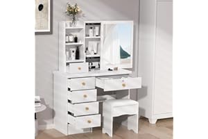 BODHI2000 Vanity Desk,Vanity Makeup Desk with Sliding Lighted Mirror,Vanity Mirror Makeup Desk with Cushion Stool, 4/6 Drawers and Shelves & 3 Adjustable Lighted for Bedroom & Bathroom UK Fast Arrive Six Drawe