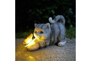 ‎HIAME HIAME Katzenfigur Garten Deko Katze Gartendeko Schmetterlinge Solarlampen für Außen Balkon Gartendekoration Innenhof Layout niedlichen Katze Top Schmetterling Ornamente Harz Solarleuchten (Grau)