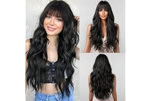 ‎TESTAR testar 28 Zoll Lange Wellige Schwarze Perücke mit Pony Lange Gewellte Lockige Perücken Niedliche Haar Perücken Natürlich Aussehende Synthetische Farbperücke