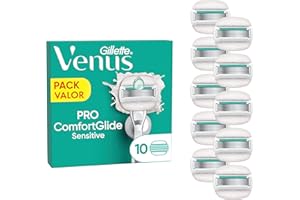 Gillette Venus Pro ComfortGlide Sensitive Recambios Para Maquinilla De Mujer, Pack De 10 Cuchillas De Recambio Con 5 Hojas y Banda Lubricante Con Aloe Vera, Depilación Suave, Apurada Y Duradera