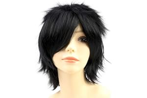 Yamel Anime Wig Dark Black for Cosplay Party, Synthetic Layered Short Hair Wigs with Bangs, Pastel Wigs for Women Men Kids