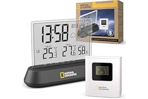 National Geographic Estación meteorológica radiocontrolada con sensor exterior en diseño transparente, con pantalla para temperatura y humedad y visualización de tendencias meteorológicas