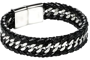 DonDon Męska bransoletka skórzana pleciona czarna uszlachetniona łańcuszkiem ze stali szlachetnej i zapięciem magnetycznym