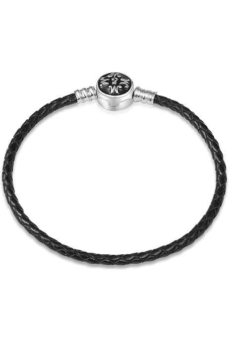 Bracelet Cuir Avec Charm Argent 925 | Fermoir Sculpté | Longueur 16-22 Cm | Adapté Charms Pando | EMEMcharm