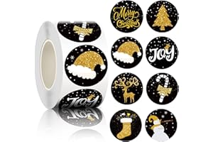 500 Piezas Rollo Pegatinas Navideñas, Kalolary Etiquetas Navideñas Redondas Doradas Negras Autoadhesivas Engomadas Navidad Adhesivas Sobres con 8 Patrones Navideños Tarjetas Cajas Regalo Decoración
