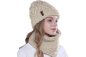 vamei 2 Pièces Ensemble Femme Beanie Bonnet Chapeau Tricoté et Écharpe de Cercle Tricoté Assorti en Hiver Chaud Bonnet Snood Écharpe Femme