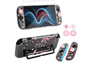 OLDZHU Hülle kompatibel mit Nintendo Switch 2 (2025) mit Displayschutz Aus Gehärtetem Glas und 4 Daumenkappen,Rosa Dockable Schutzhülle,Schockabsorption und Geteilte Konstruktion (Kirschblüten)