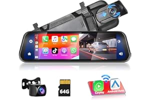 Podofo Wireless Carplay Android Auto Camara de Coche Retrovisor,9.66 Pulgadas Pantalla Táctil IPS Dashcam Cámara Espejo Retrovisor DVR,Bluetooth,2 Pantallas Divididas+AHD Cámara Trasera