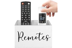 HAUYEST Remote Control Holder With 2 Compartments, TV Organizer for Table, Bedside Caddy Wooden Box for Nightstand, Media Storage Box for Living Room, Bed (White)