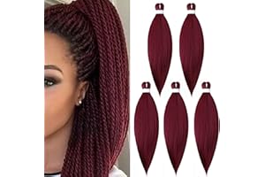 CYBELLEZA 65cm Extensiones de Pelo Sintético para Trenzas Africanas Braiding Twist Crochet Hair EZ Trenzado Yaki Profesional Cabello Pre Stretched Braiding Hair Postizo 5 Piezas, Vino rojo