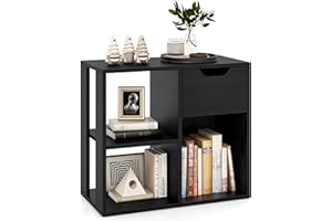 COSTWAY Drewniany regał na książki, z szufladą i 3 półkami, regał biurowy, ścianka działowa, regał stojący do salonu, sypialni, biura, pokoju dziecięcego, 60 x 30 x 53 cm (czarny)