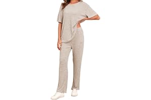 Famulily Ribbed Clothes Sets for Women Oversized Short Sleeve Tops and Wide Leg Trousers with Pockets, 2 Piece Outfits Tracksuits Loungewear Sleepwear