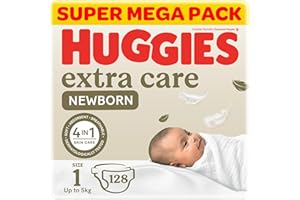 Huggies Extra Care Newborn Baby Diapers, Size 1 (Up to 5 kg), Twin Jumbo Pack, 128 Diapers