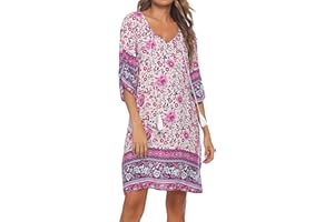 BDTECAOR Damen Vintage Ethnostil Blumenmuster Bohemian Tunika Kleid V-Ausschnitt 3/4 Arm Strandkleider